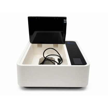 White and black biomed certified stratasys support cleaning tank with hinged lid and digital display panel