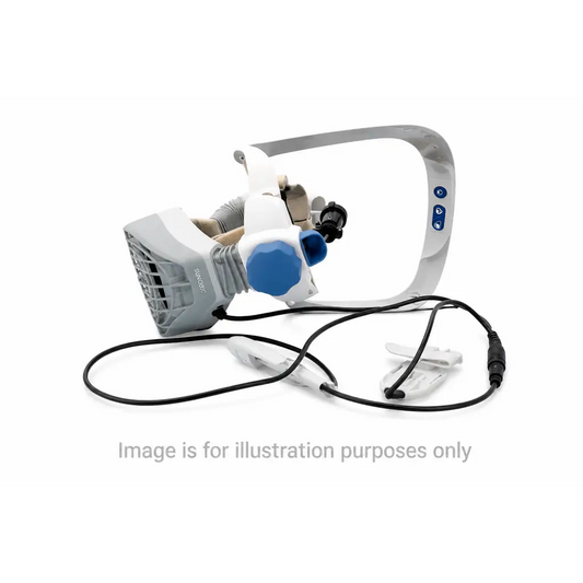 White and blue medical surgical microscope with adjustable headpiece and control buttons on stryker flyte surgical helmet refurbished