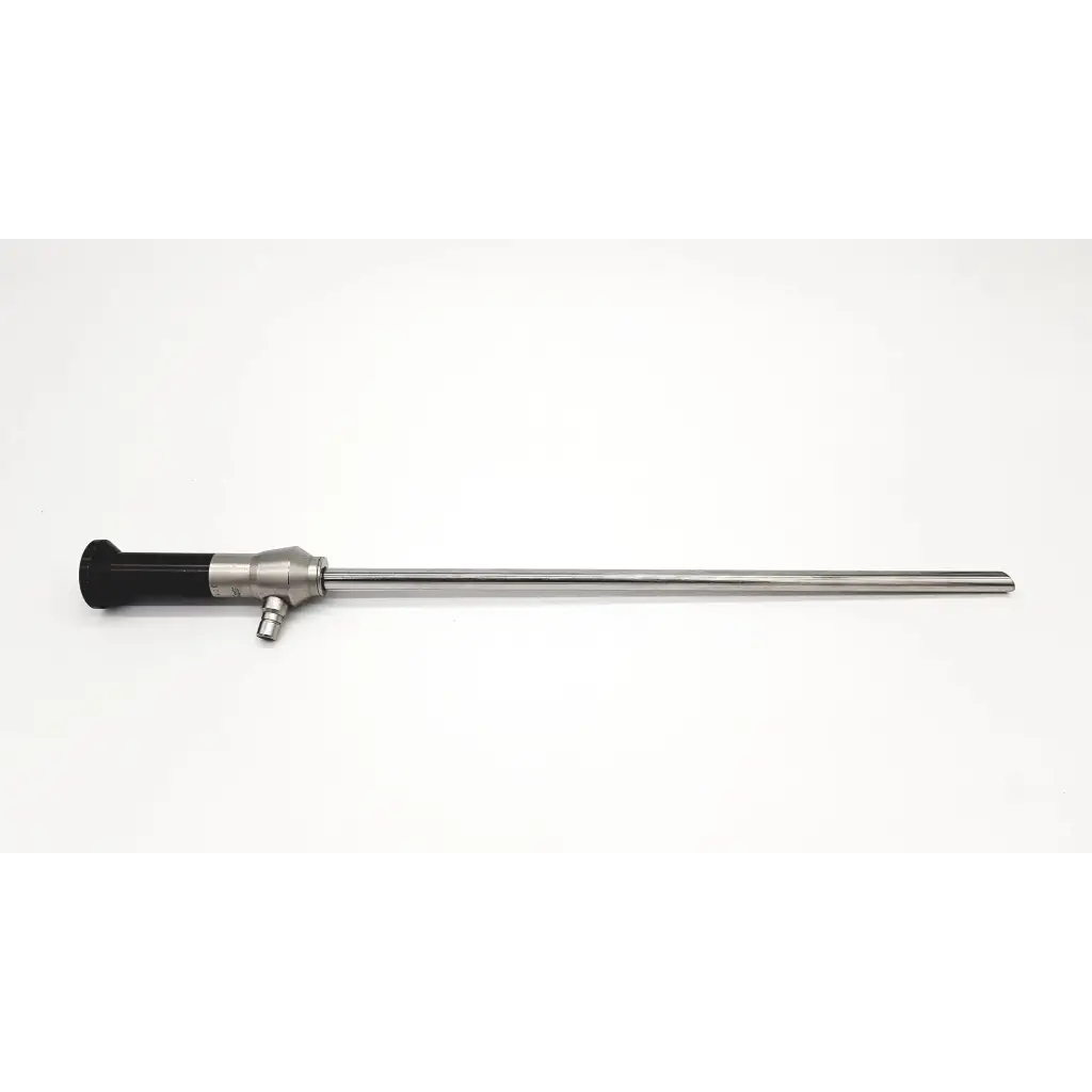 Silver surgical stryker 10mm 30° endoscope with a black ergonomic handle and metallic joints for precision use