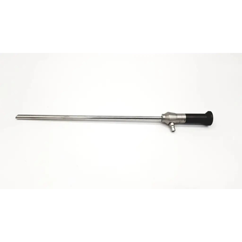 Silver stryker 10mm 30° endoscope with black ergonomic handle and metallic joints for surgical use