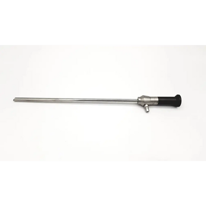 Silver stryker 10mm 30° endoscope with black ergonomic handle and metallic joints for surgical use