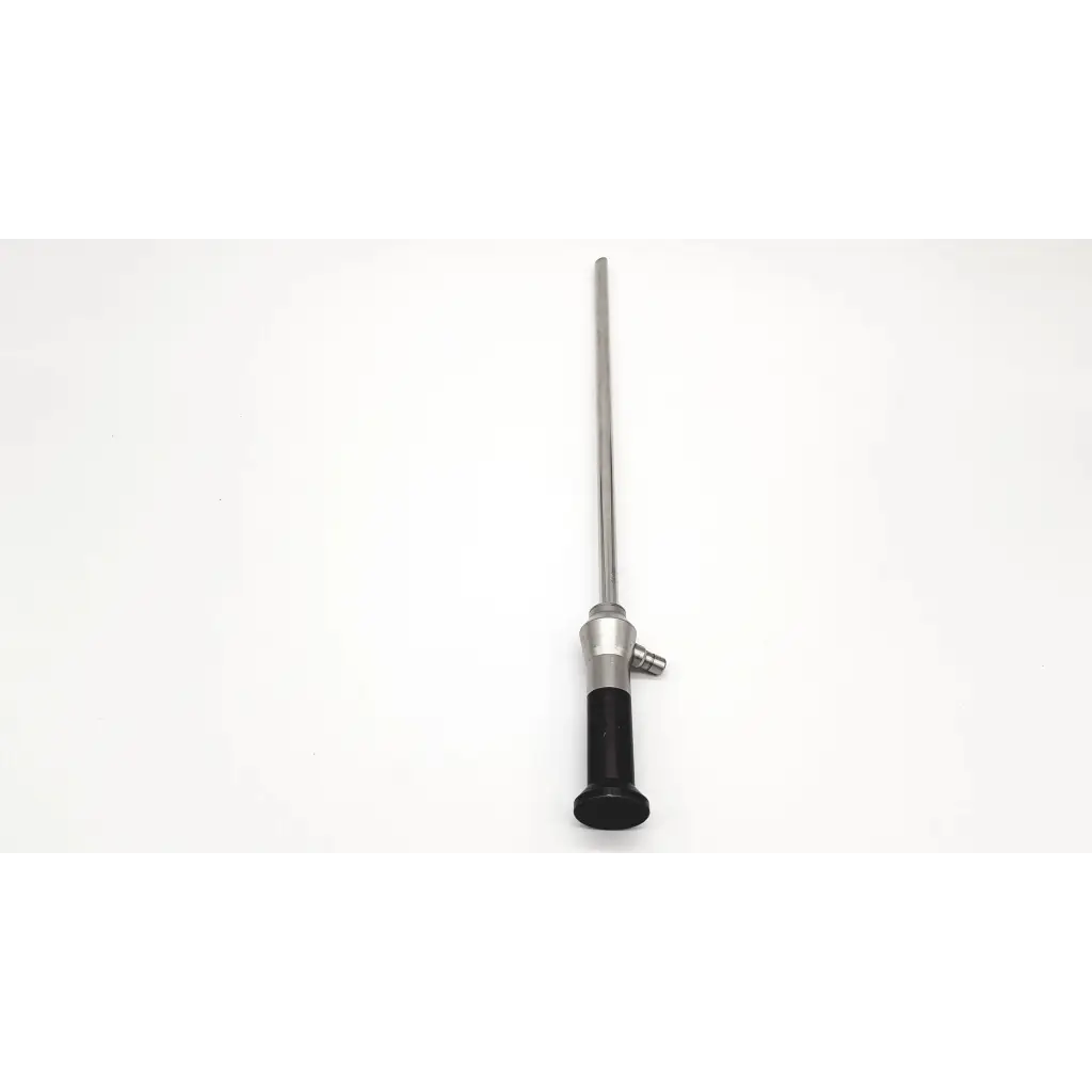 Silver stryker 10mm 30° endoscope with black ergonomic grip and metallic joints for surgical use