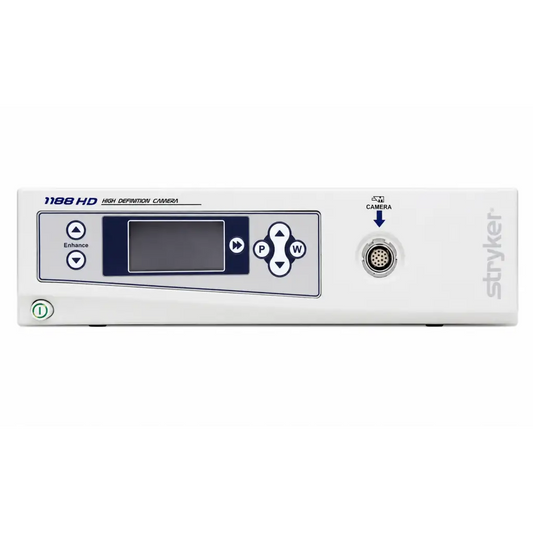 White stryker 1188 hd camera control unit with digital display control buttons and circular connector port back view