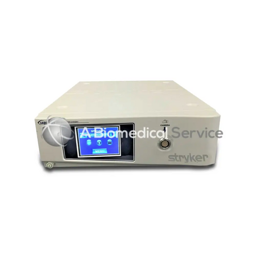 Stryker 1288 camera system beige medical imaging console with blue touchscreen and circular camera port for biomedical service