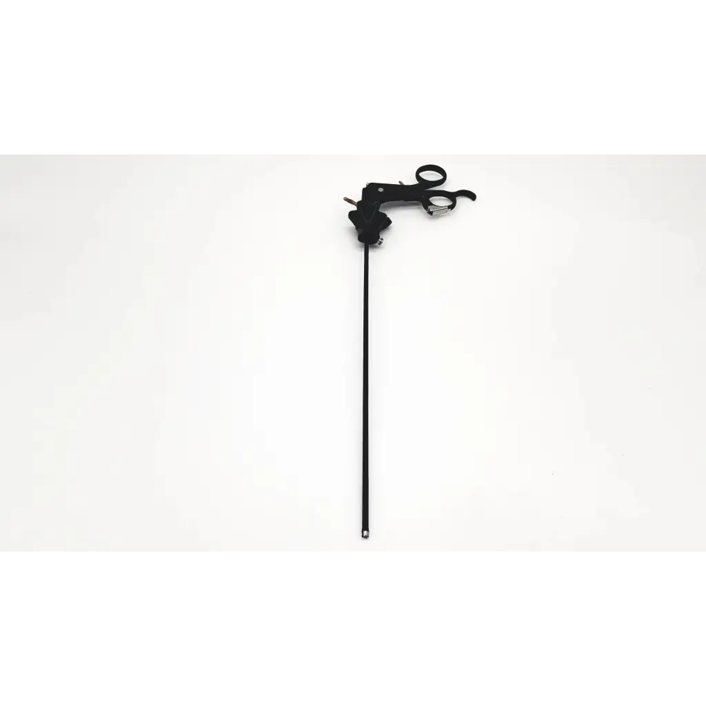Black surgical instrument with long slender handle and curved scissors-like head for degrees autoclave da46-10 use