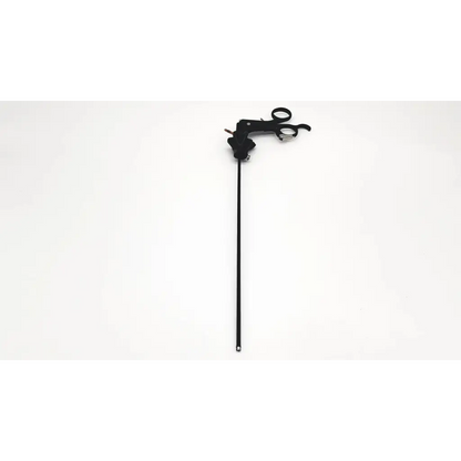 Black surgical instrument with long slender handle and curved scissors-like head for degrees autoclave da46-10 use