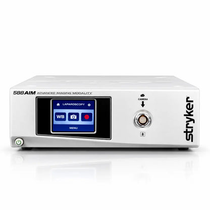 White stryker 1588 aim camera control unit with blue touchscreen and metallic camera port for advanced imaging modality