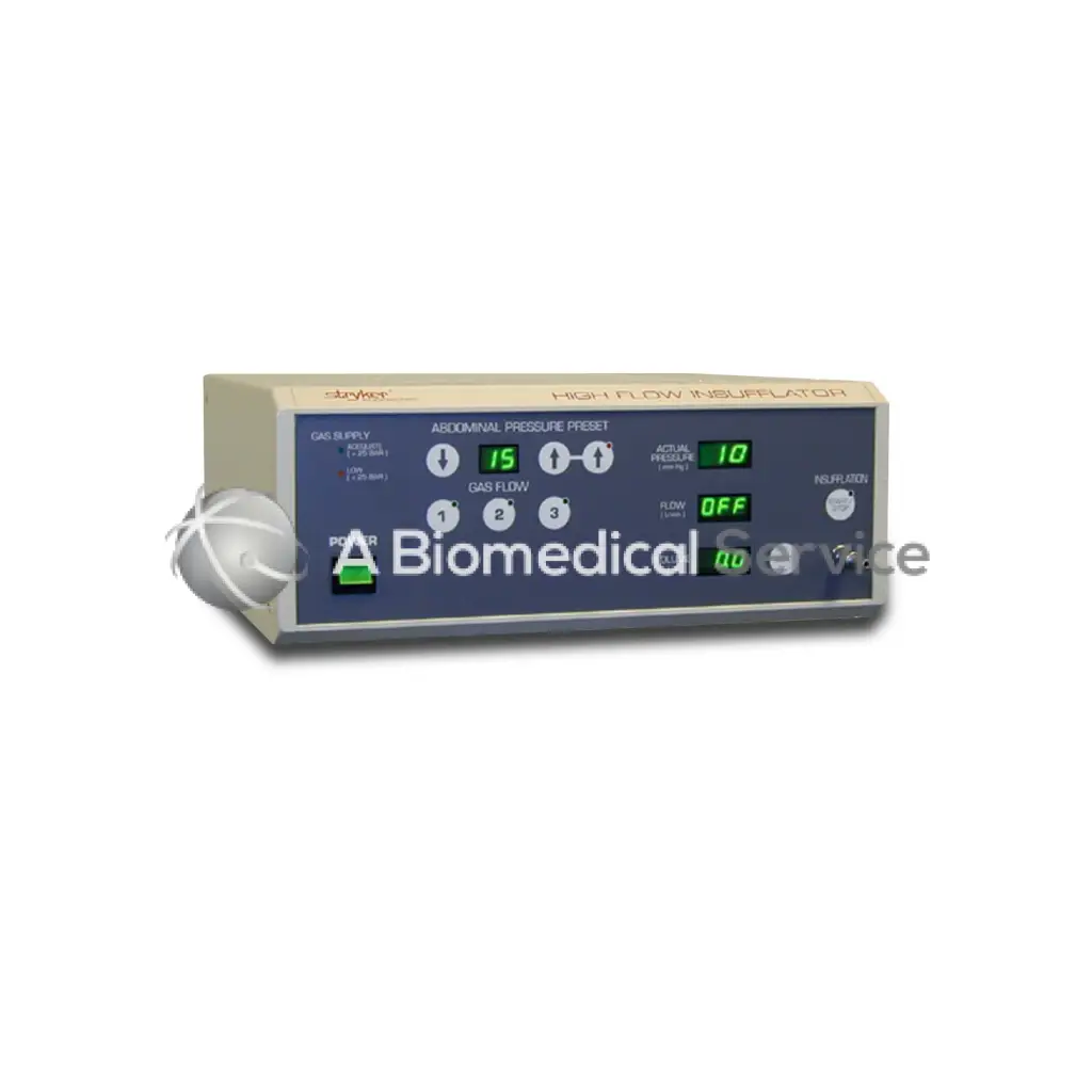 Beige and dark blue stryker 16l high flow insufflator with green digital pressure presets for biomedical service use