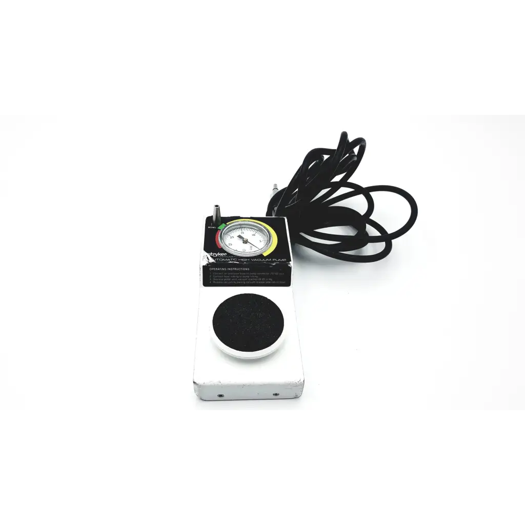 Stryker 206-500 automatic high vacuum foot pump with white rectangular pedal, black pad, and colorful dial pressure gauge