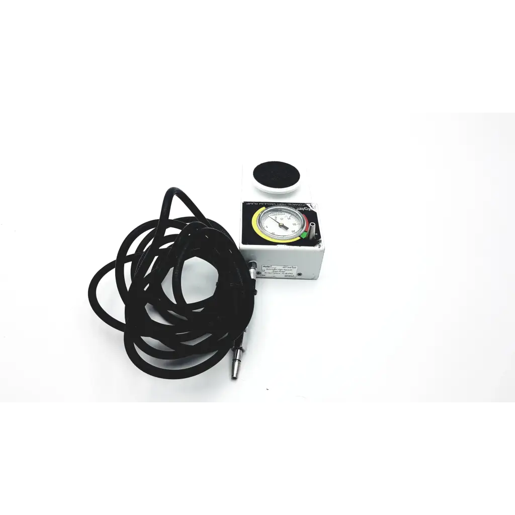 Silver rectangular pressure gauge with black coiled hose and yellow ring for stryker 206-500 automatic high vacuum foot pump