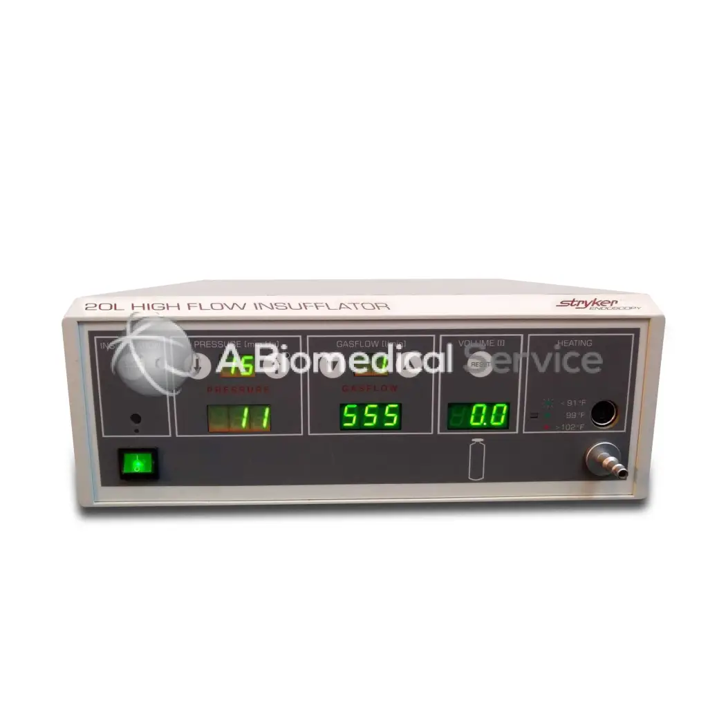 Gray stryker 20l high flow insufflator with digital green displays showing pressure gasflow and volume readings