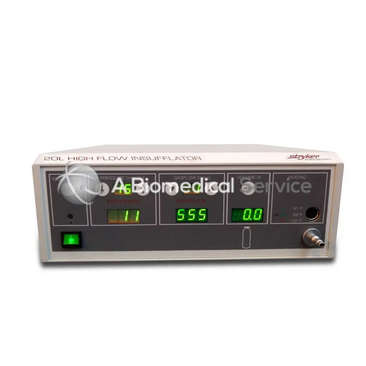 Gray stryker 20l high flow insufflator with digital green displays showing pressure gasflow and volume readings
