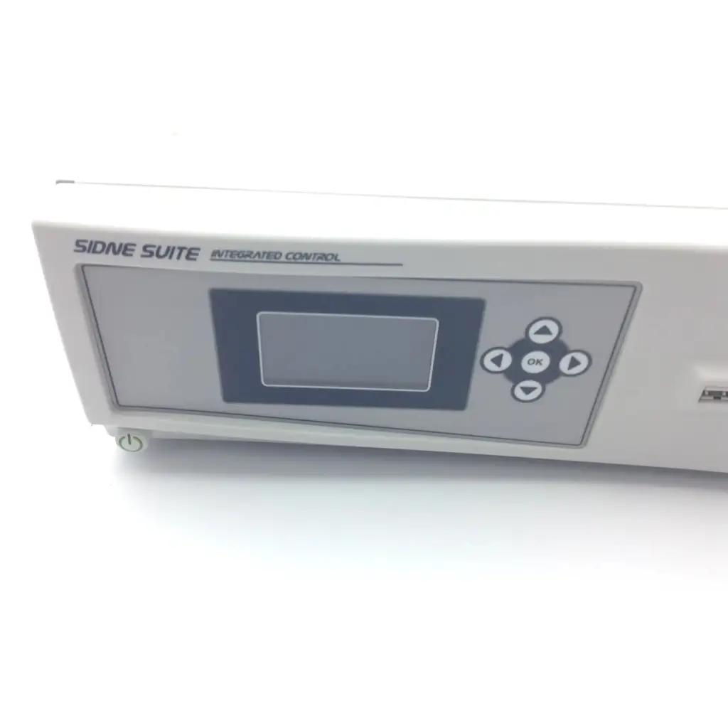White plastic sidne suite control system integrated control panel with rectangular screen and directional buttons