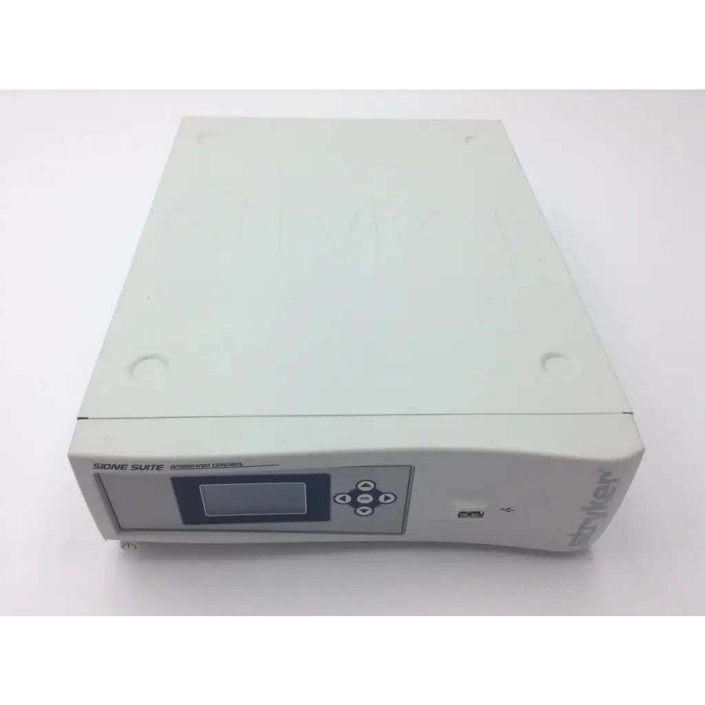 White sirona suite integrated control unit with digital display and button panel for Stryker sidne suite control system