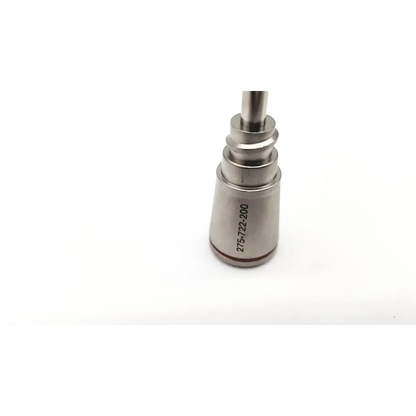 Silver metallic fuel injector nozzle with serial number 275-722-200 on the cylindrical body of stryker arthroscopy instrument obtrurator