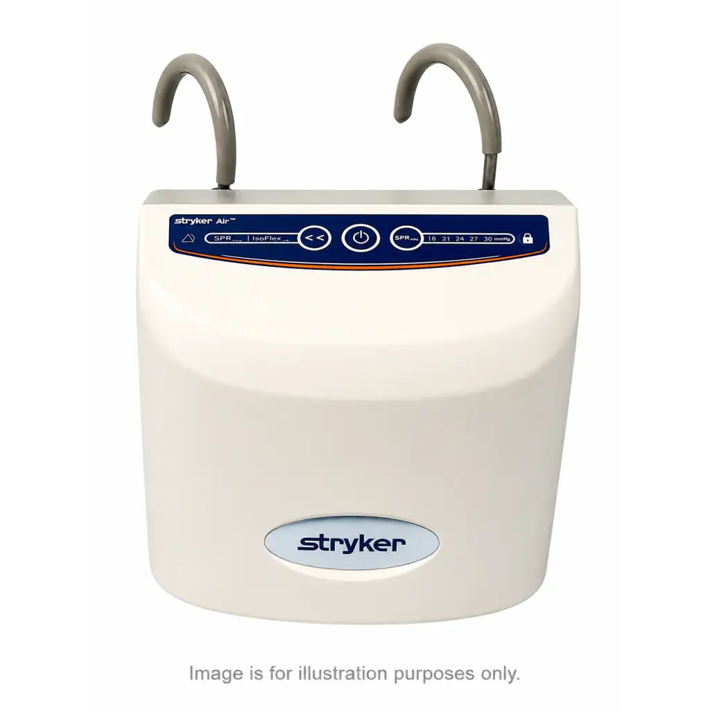 Stryker 2861 low air loss mattress pump refurbished with white body, gray hooks, and blue control panel for air loss mattress
