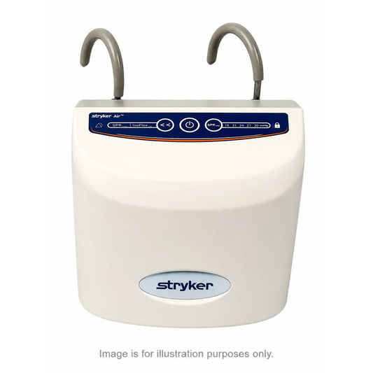 White stryker 2861 low air loss mattress pump with gray hooks and blue control panel for air loss mattress repair service