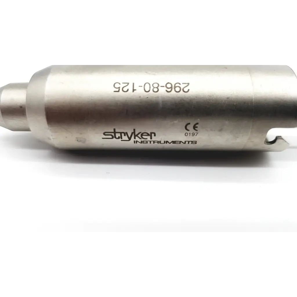 Metallic cylindrical orthopedic pin driver attachment with engraved markings from stryker instruments for medical use