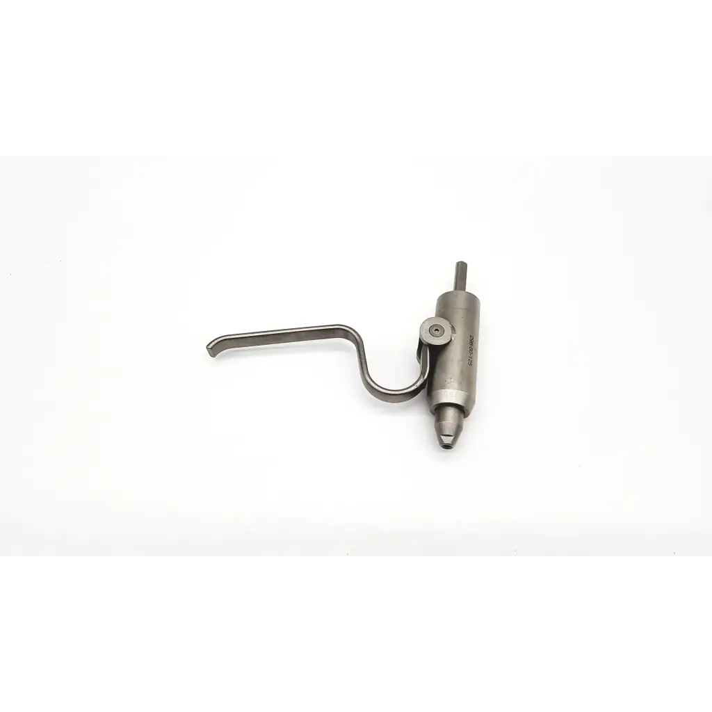 Silver-colored metal orthopedic pin driver attachment with curved handle and cylindrical body for pin placement
