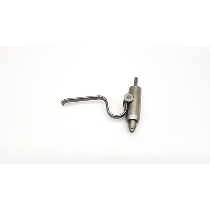 Silver-colored metal orthopedic pin driver attachment with curved handle and cylindrical body for pin placement