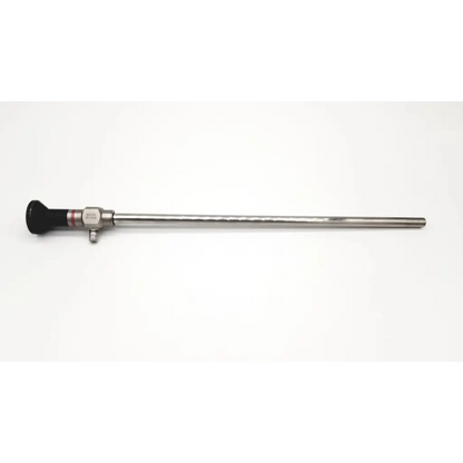 Strykers 380-10 stainless steel 0 degree 10mm laparoscope with black ergonomic handle and red accent stripe for medical healthcare use