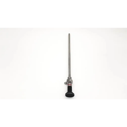 Silver stryker 380-10 0 degree 10mm laparoscope with black ergonomic handle and metallic joints for medical healthcare use