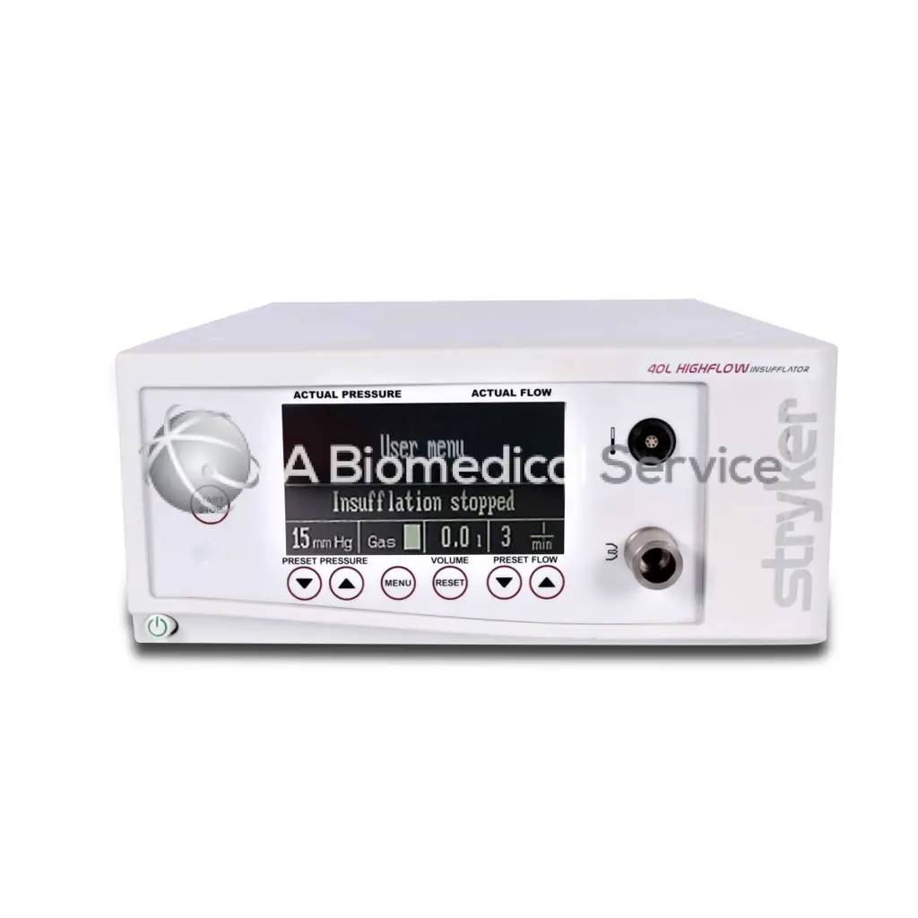 White rectangular stryker 40l medical device with digital display showing a biomedico and insufflation stopped message