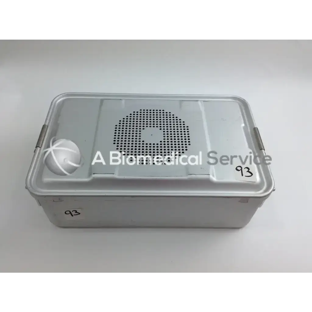 Silver rectangular medical storage box with perforated lid and side latches in stryker 4505 system 8 cordless driver set aesculap case