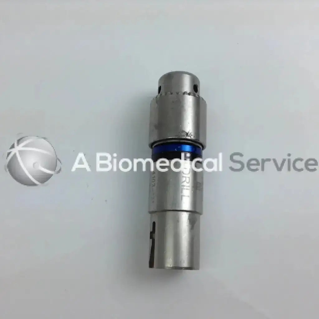 Silver metallic surgical drill bit with blue accent ring and engraved markings in stryker 4505 cordless driver set aesculap case