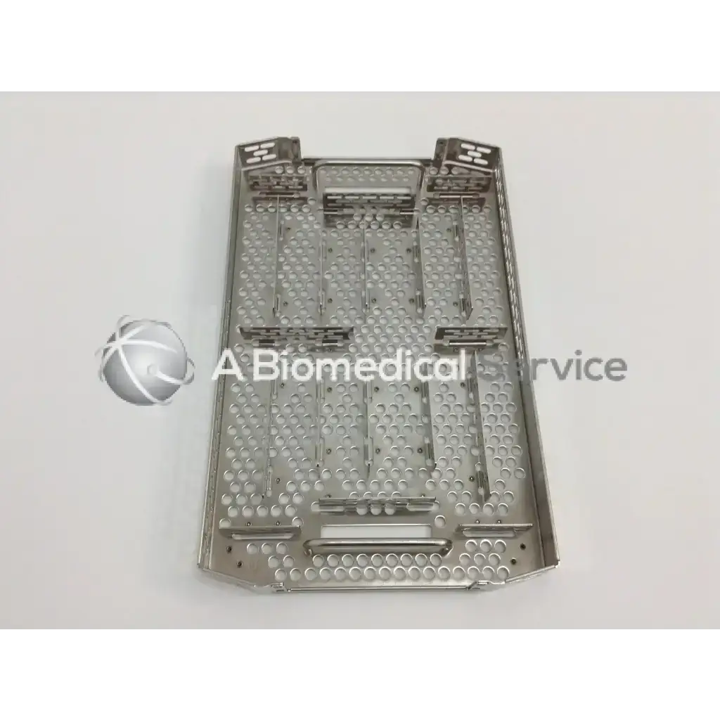 Stainless steel surgical instrument tray with perforated design and reinforced edges in aesculap case for cordless driver set