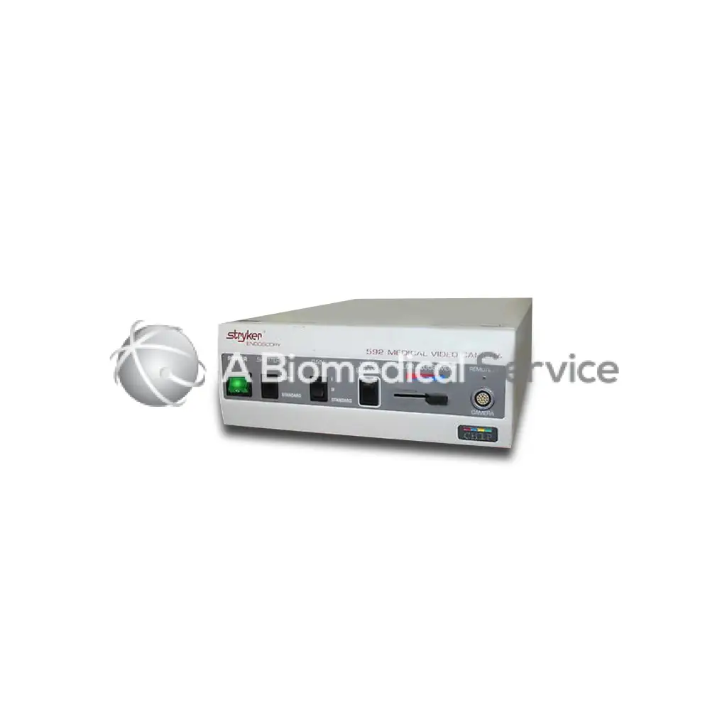 Silver-gray styker 502 medical video camera system with black and green control buttons for biomedical service use