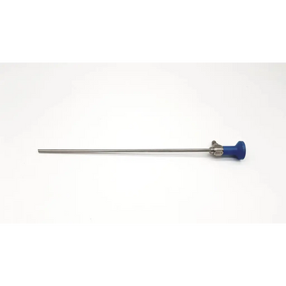 A sleek metallic stryker 5mm autoclavable laparoscope with a blue ergonomic handle for surgical use