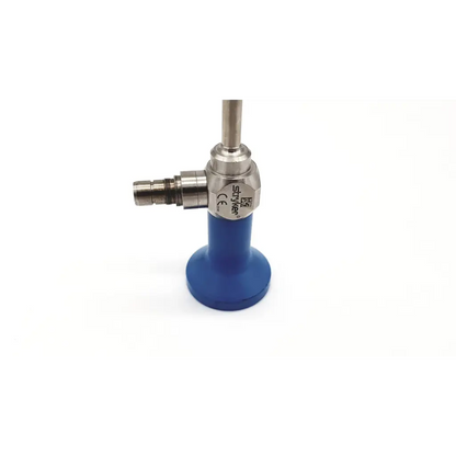 Blue-handled stryker 5mm autoclavable laparoscope with metallic cylindrical shaft and engraved branding