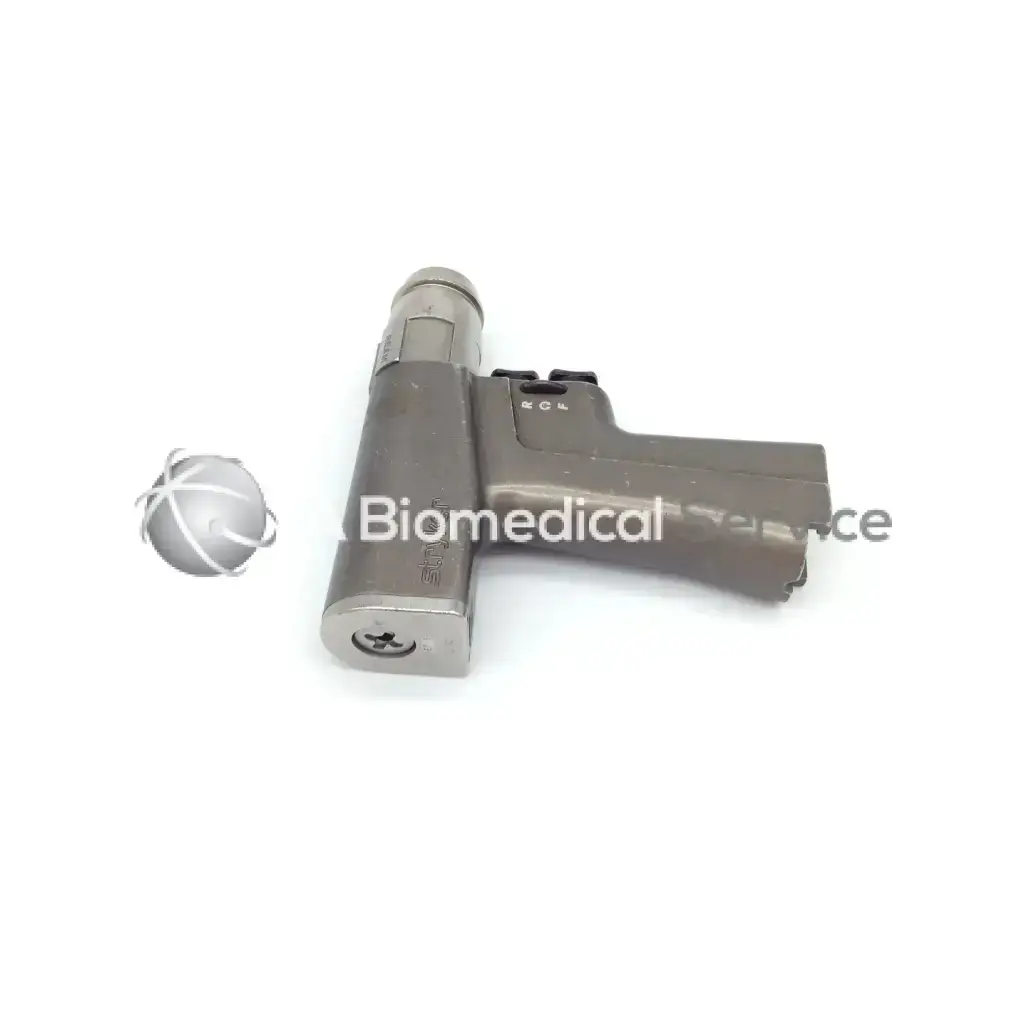 Gray metallic dual trigger rotary handpiece with cylindrical handle and rounded head for surgical use from stryker