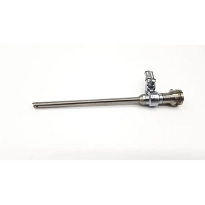 Silver stryker 747-031-530 cannula single valve surgical instrument with a long slender shaft and complex jointed handle