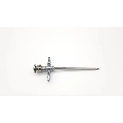 Silver metallic stryker 747-031-550 5.8mm cannula single valve with slender shaft and cross-shaped handle with multiple ports