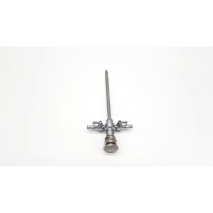 Stryker 747-031-550 silver surgical cannula single valve with long slender shaft and three adjustable knobs at the base