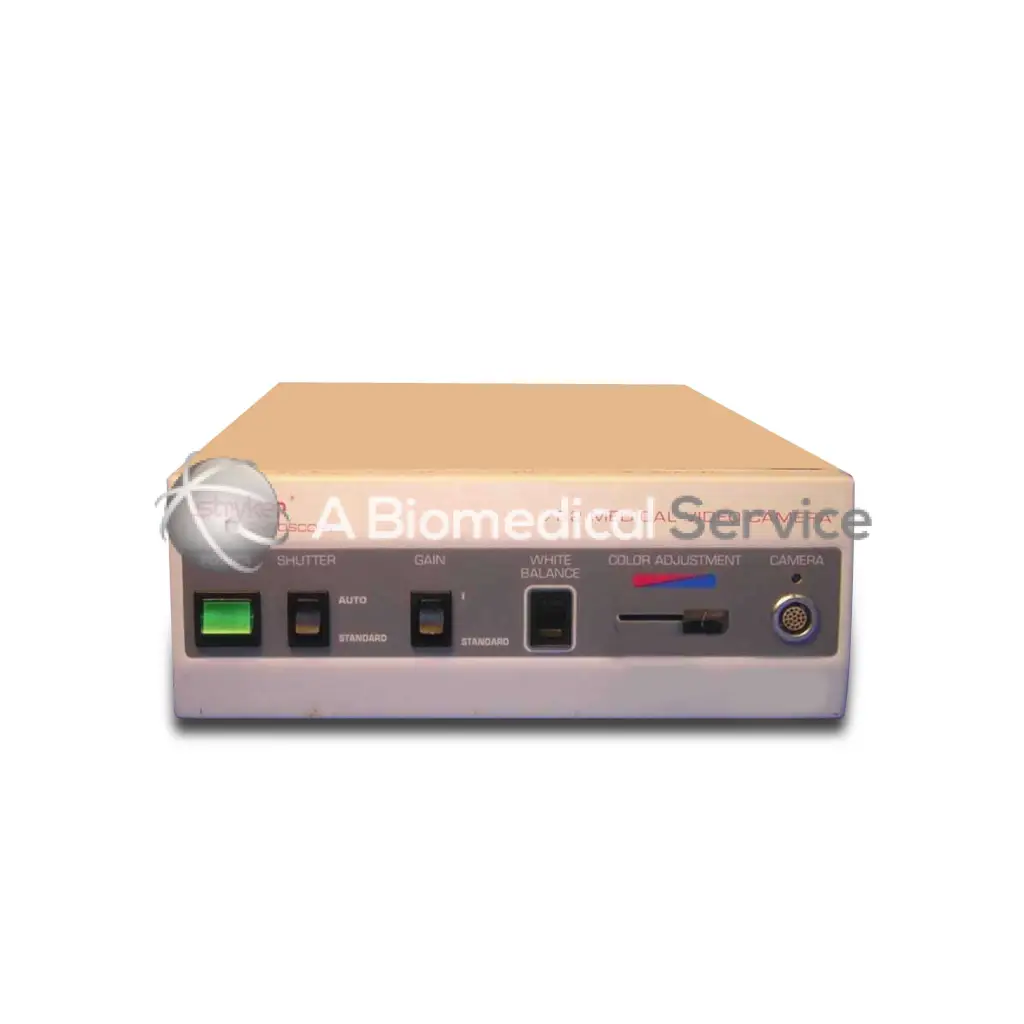 Beige and gray stryker 782 camera system medical control unit with labeled dials, input port, and green power light for biomedical service