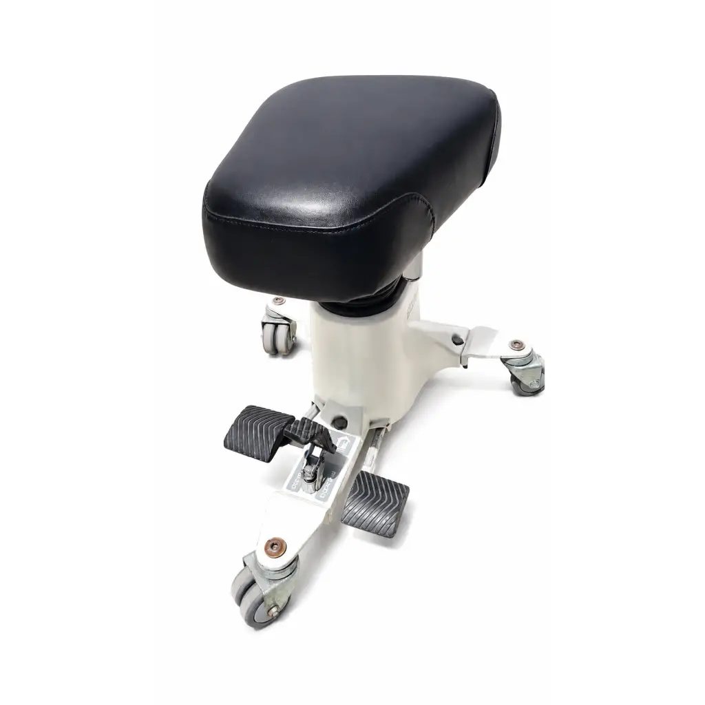 Stryker 830 SurgiStool II black leatherette medical chair with white metal frame and caster wheels