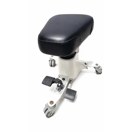 Stryker 830 SurgiStool II black leatherette medical chair with white metal frame and caster wheels