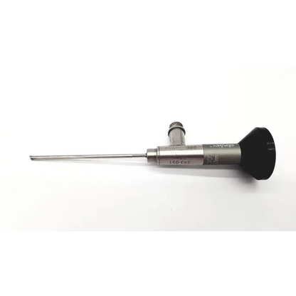 Silver stryker 99ec10964 2.7mm endoscopy with black ergonomic handle and engraved model numbers on metallic body