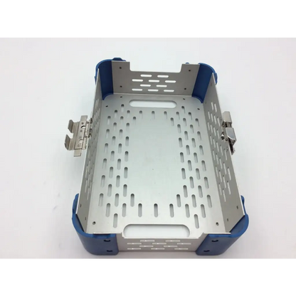 Silver metal surgical instrument tray with blue corners and latches for stryker battery powered micro saw sterilization case