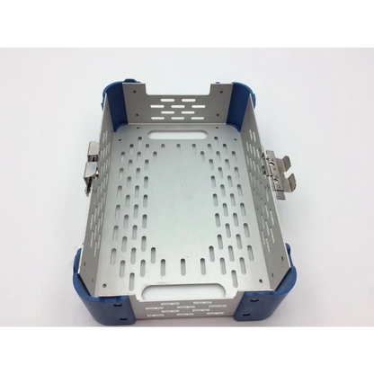 Silver metal surgical instrument tray with blue plastic corners and perforated design for stryker battery powered micro case