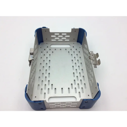 Blue and silver metal surgical instrument tray with perforated sides and latches for stryker battery powered micro saw sterilization case