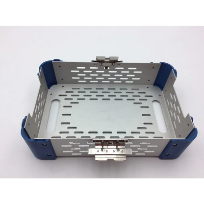 Blue and silver stryker battery powered micro cd 3 sabo saw sterilization case with perforated metal sides and reinforced corners