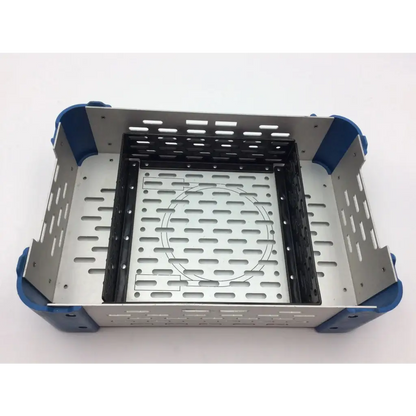 Silver and blue metal stryker battery powered micro cd 3 sabo saw sterilization case with perforated sides and black insert