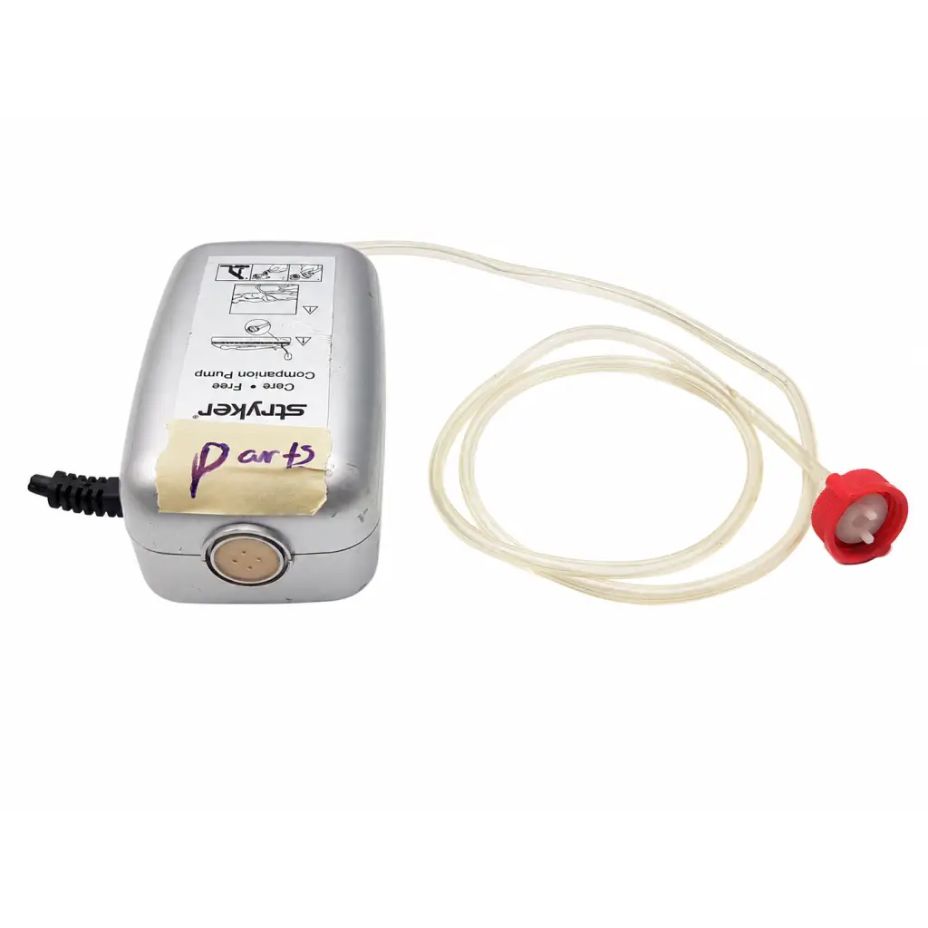 Silver stryker biomed certified companion air mattress inflator pump with clear tubing and red connector for easy use