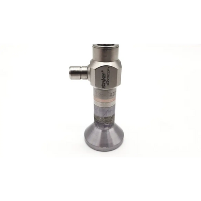 Silver-colored metallic stryker endoscopy 380-10 0° laparoscope with hexagonal body and transparent cylindrical section