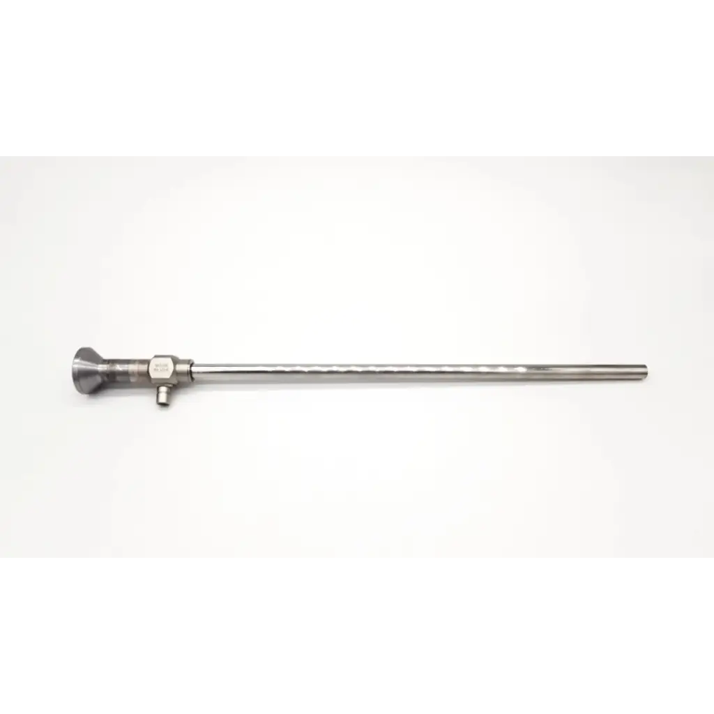 Silver metallic stryker endoscopy 380-10 0° laparoscope with long slender shaft and flared tip da46-91 surgical tool