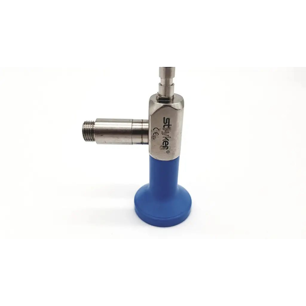 Silver metallic stryker endoscopy 30° 4mm autoclave device with blue rubber base and engraved branding